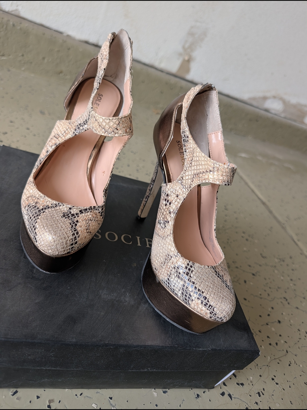 Sole Society Beige Snake-Print Mary Jane Platform Stilettos